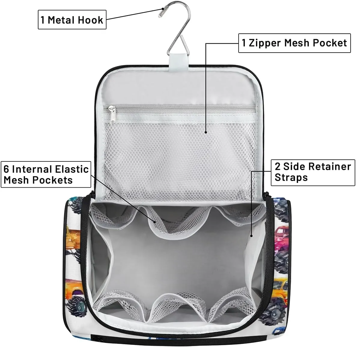Cars Monster Trucks Travel Toiletry Bag for Men and Women, Large Hanging Makeup Bag Organizer Toiletries Bag for Travel, Cosmetic Bag with Handle