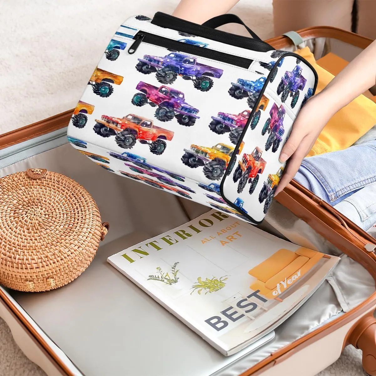 Cars Monster Trucks Travel Toiletry Bag for Men and Women, Large Hanging Makeup Bag Organizer Toiletries Bag for Travel, Cosmetic Bag with Handle