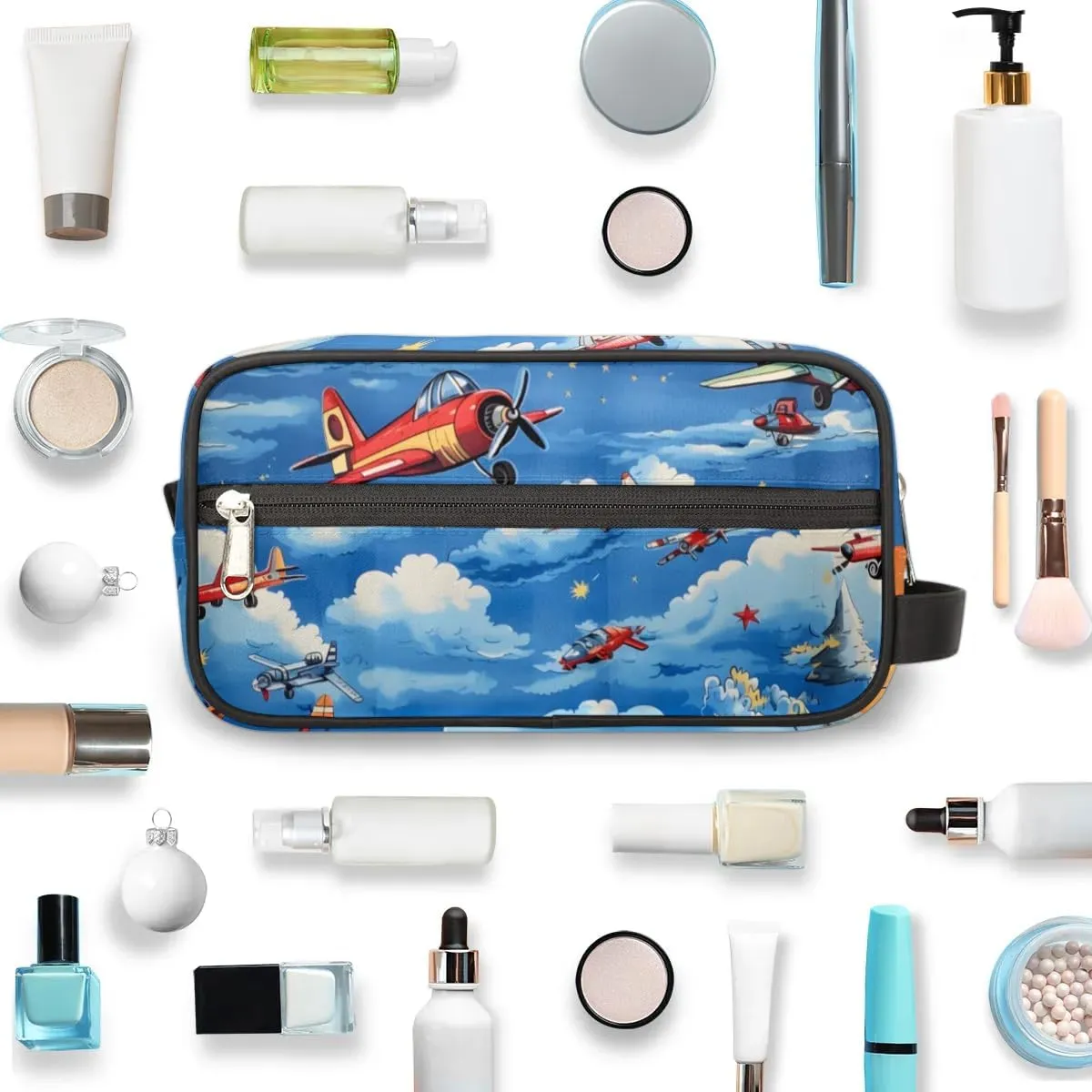 Cartoon Airplane Travel Toiletry Bag for Women Men, Airplane Painted Water-resistant Shaving Bag Hanging Dopp Kit Cosmetic Organizer Makeup Bag for Toiletries Accessories