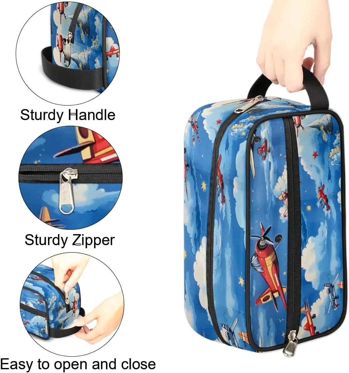 Cartoon Airplane Travel Toiletry Bag for Women Men, Airplane Painted Water-resistant Shaving Bag Hanging Dopp Kit Cosmetic Organizer Makeup Bag for Toiletries Accessories