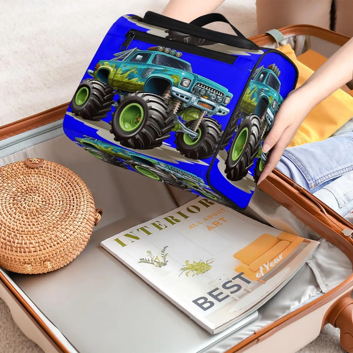 Cartoon Cool Monster Truck Travel Toiletry Bag for Men and Women, Large Hanging Makeup Bag Organizer Toiletries Bag for Travel, Cosmetic Bag with Handle