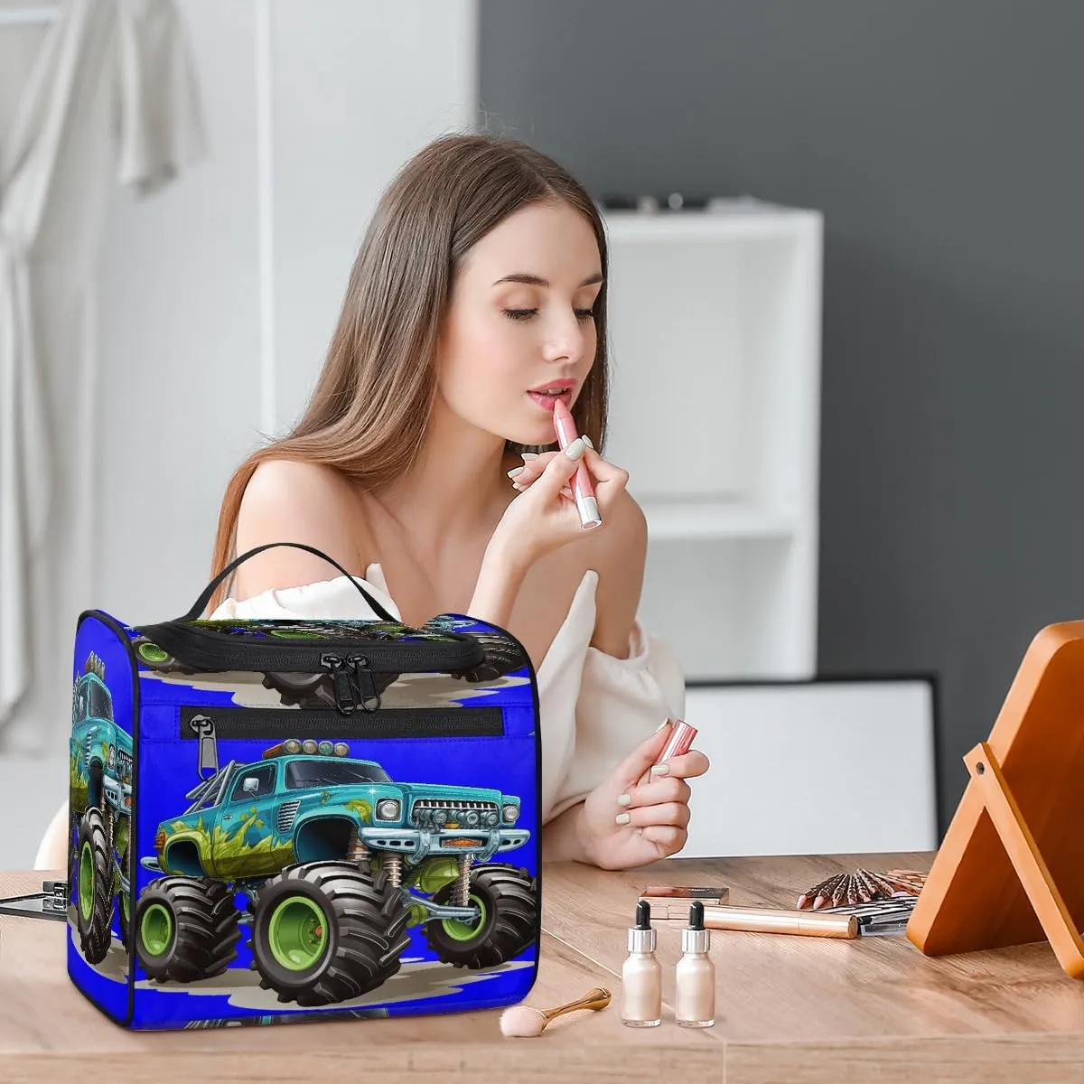 Cartoon Cool Monster Truck Travel Toiletry Bag for Men and Women, Large Hanging Makeup Bag Organizer Toiletries Bag for Travel, Cosmetic Bag with Handle