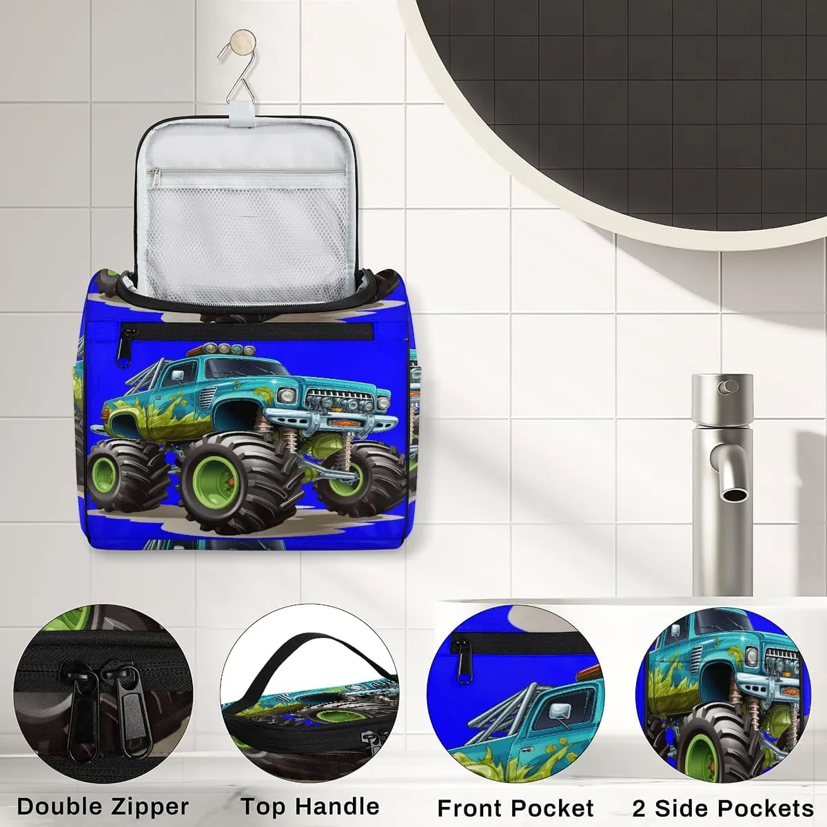 Cartoon Cool Monster Truck Travel Toiletry Bag for Men and Women, Large Hanging Makeup Bag Organizer Toiletries Bag for Travel, Cosmetic Bag with Handle