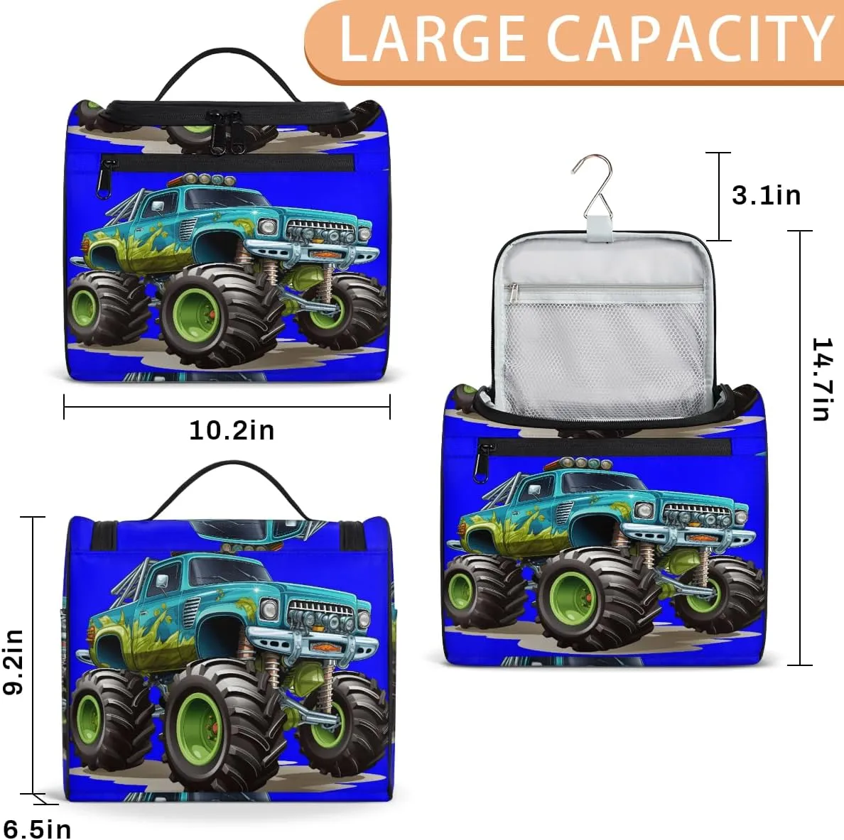 Cartoon Cool Monster Truck Travel Toiletry Bag for Men and Women, Large Hanging Makeup Bag Organizer Toiletries Bag for Travel, Cosmetic Bag with Handle