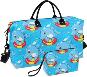 Cartoon Dolphin Float Star Sports Gym Bag for Women Men Travel Duffel Bag Weekend Overnight Carry on Bag with Toiletry Bag Yoga Bag for Hospital Plane Swimming Yoga Workout