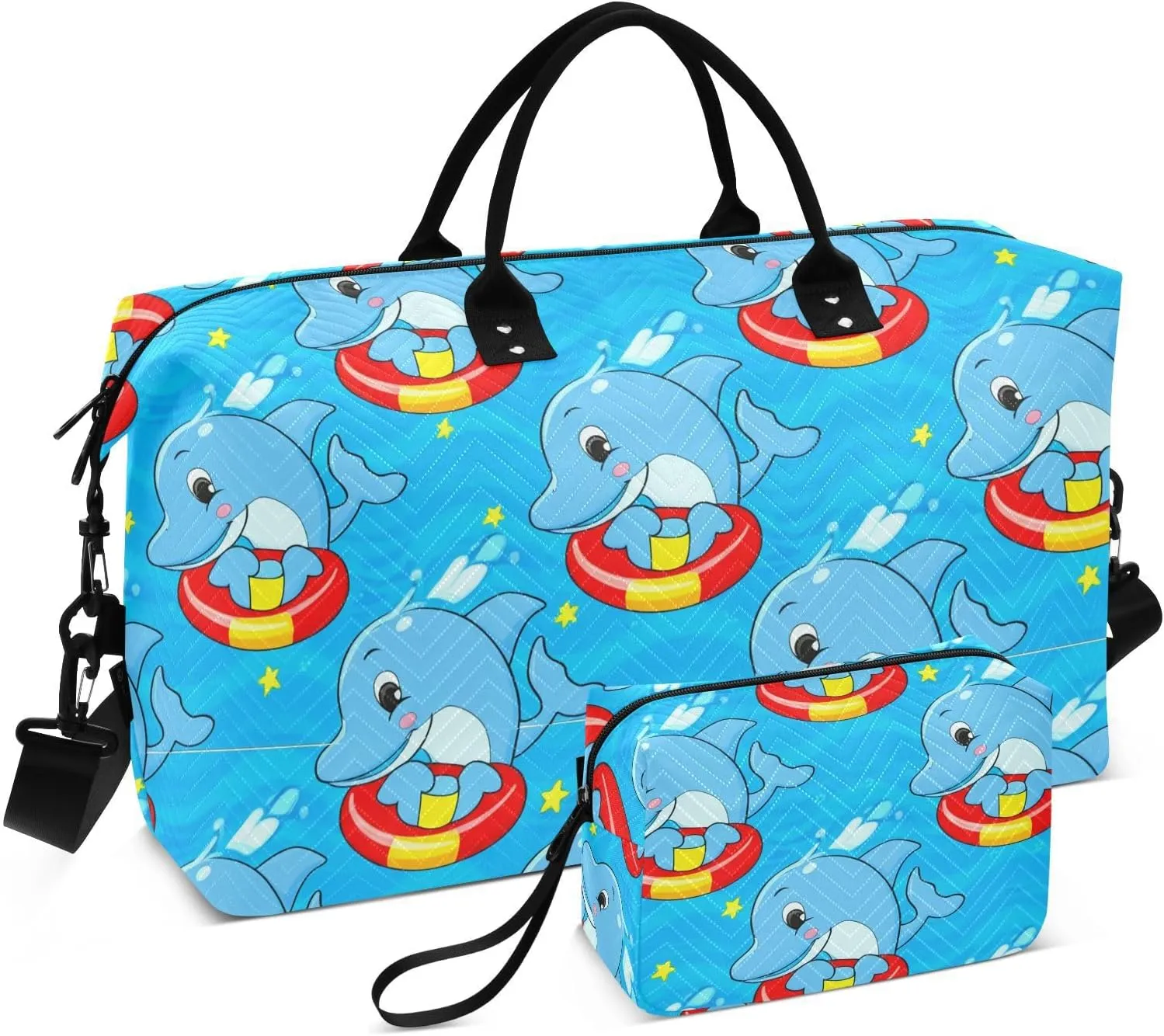 Cartoon Dolphin Float Star Sports Gym Bag for Women Men Travel Duffel Bag Weekend Overnight Carry on Bag with Toiletry Bag Yoga Bag for Hospital Plane Swimming Yoga Workout