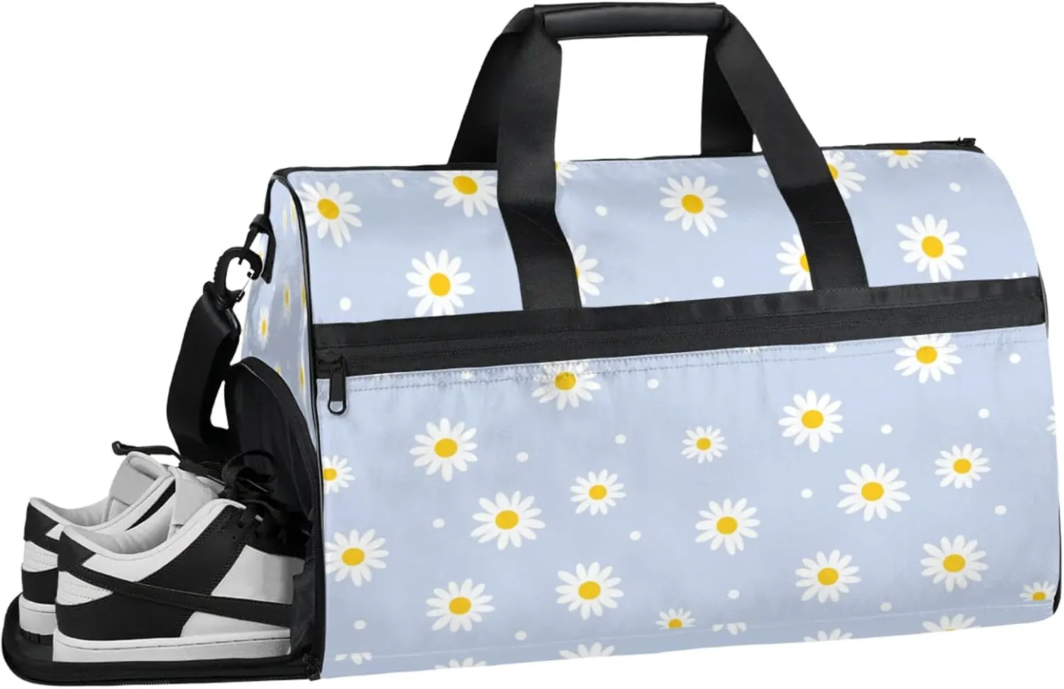 Cartoon Lovely 43L Gym Duffle Bag for men with Shoe Compartment, White Daisy Overnight Weekender Bag for Women with Shoulder Strap, Ideal for Travel, Gym, Sports