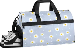 Cartoon Lovely 43L Gym Duffle Bag for men with Shoe Compartment, White Daisy Overnight Weekender Bag for Women with Shoulder Strap, Ideal for Travel, Gym, Sports