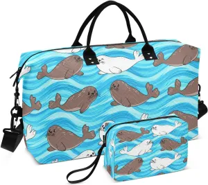 Cartoon Seal Ocean Aqua Sports Gym Bag for Women Men Travel Duffel Bag Weekend Overnight Carry on Bag with Toiletry Bag Workout Dance Bag for Plane Hospital Swimming Yoga Workout