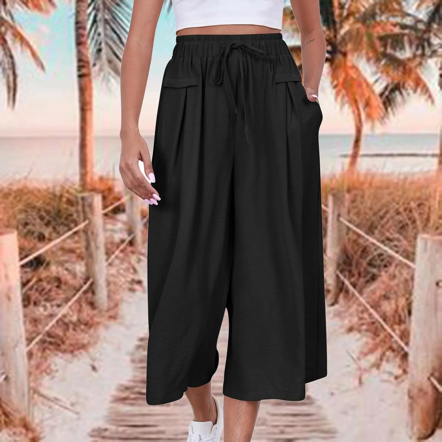 Casual Loose Fit Stretch Pant for Women High Elastic Drawstring Summer Sweatpant Pocket Wide Leg Comfy Trouser