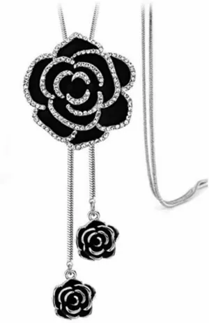 Cathercing Rhinestone Black Rose Pendant Long Necklace for Women Sweater Chain Statement Necklace Choker Adjustable Elegant Jewelry Crystal Accessories Dressy Collocation Winter Evening Party Wedding