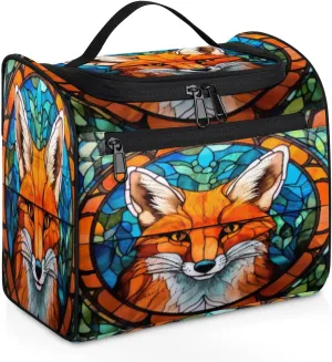 cfpolar Animal Fox Glass Background Hanging Travel Toiletry Bag for Women Men, Waterproof Makeup Organizer Bag with Compartments, Portable Bathroom Cosmetic Storage Bag Case Pouch Holder