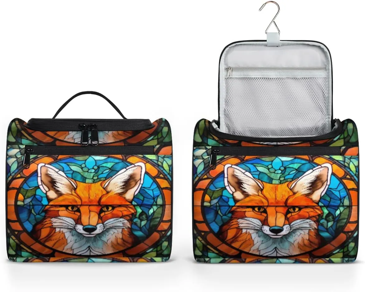 cfpolar Animal Fox Glass Background Hanging Travel Toiletry Bag for Women Men, Waterproof Makeup Organizer Bag with Compartments, Portable Bathroom Cosmetic Storage Bag Case Pouch Holder