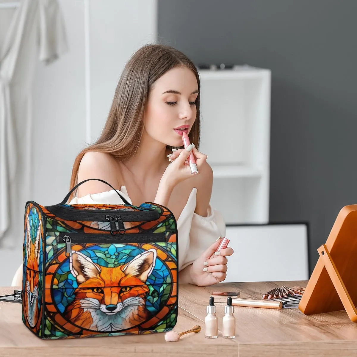 cfpolar Animal Fox Glass Background Hanging Travel Toiletry Bag for Women Men, Waterproof Makeup Organizer Bag with Compartments, Portable Bathroom Cosmetic Storage Bag Case Pouch Holder