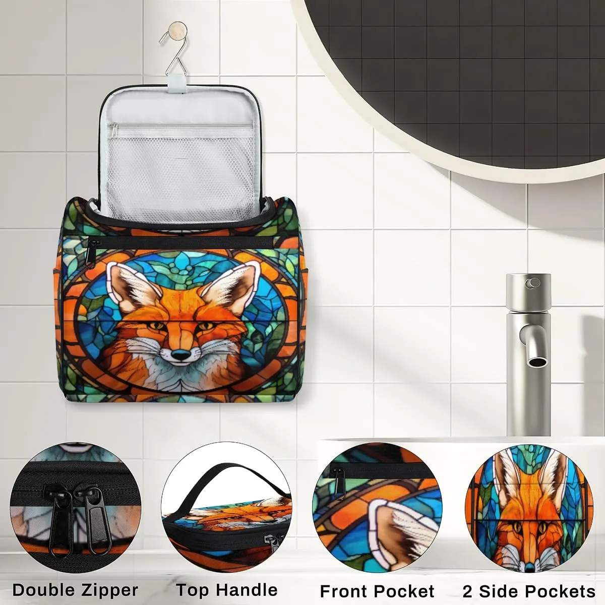 cfpolar Animal Fox Glass Background Hanging Travel Toiletry Bag for Women Men, Waterproof Makeup Organizer Bag with Compartments, Portable Bathroom Cosmetic Storage Bag Case Pouch Holder
