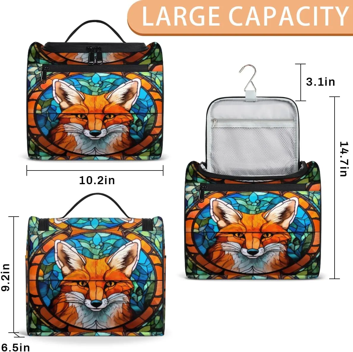 cfpolar Animal Fox Glass Background Hanging Travel Toiletry Bag for Women Men, Waterproof Makeup Organizer Bag with Compartments, Portable Bathroom Cosmetic Storage Bag Case Pouch Holder