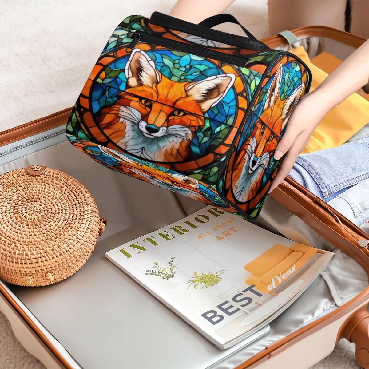 cfpolar Animal Fox Glass Background Hanging Travel Toiletry Bag for Women Men, Waterproof Makeup Organizer Bag with Compartments, Portable Bathroom Cosmetic Storage Bag Case Pouch Holder