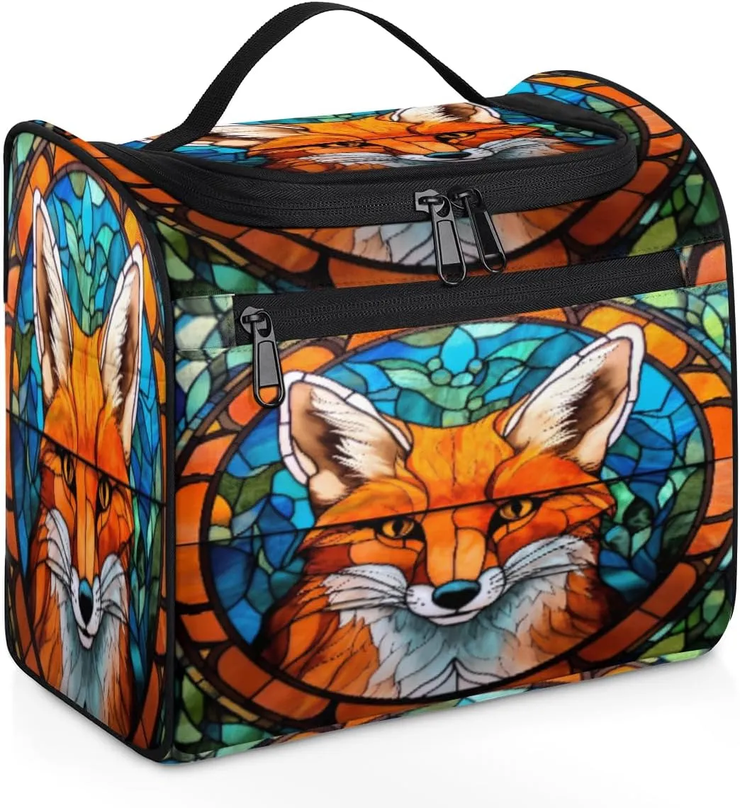 cfpolar Animal Fox Glass Background Hanging Travel Toiletry Bag for Women Men, Waterproof Makeup Organizer Bag with Compartments, Portable Bathroom Cosmetic Storage Bag Case Pouch Holder