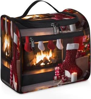 cfpolar Christmas Socks Fireplace Gifts Hanging Travel Toiletry Bag for Women Men, Waterproof Makeup Organizer Bag with Compartments, Portable Bathroom Cosmetic Storage Bag Case Pouch Holder