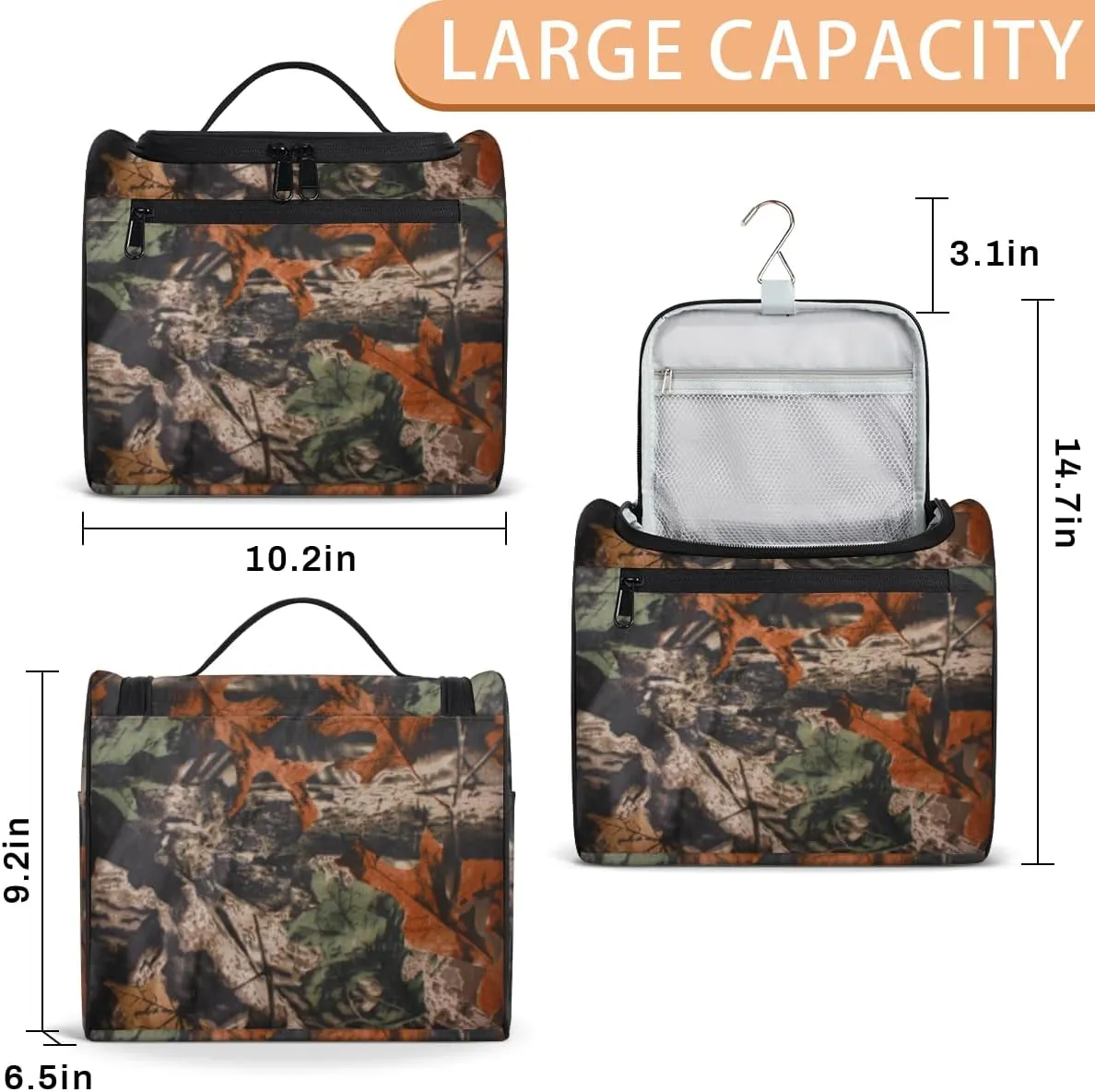 cfpolar Forest Tree Camouflage Camo Hanging Travel Toiletry Bag for Women Men, Waterproof Makeup Organizer Bag with Compartments, Portable Bathroom Cosmetic Storage Bag Case Pouch Holder