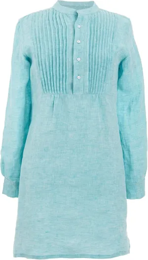 Chambray Pleated Linen Aqua Tunic, E X Tra Small/Small Feet, Blue Solid Pattern