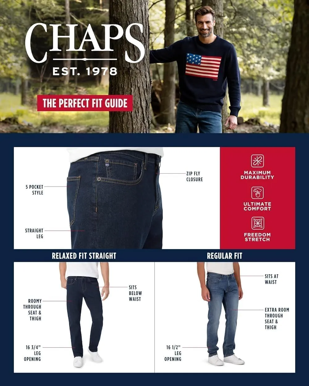 Chaps Men's Jeans - Classic Fit Straight Leg Jeans - Comfort Stretch Denim Jeans for Men