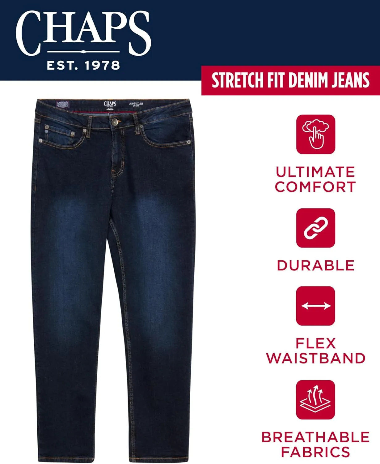 Chaps Men's Jeans - Straight Leg Comfort Stretch Denim Jeans - Regular Slim Fit Jeans for Men