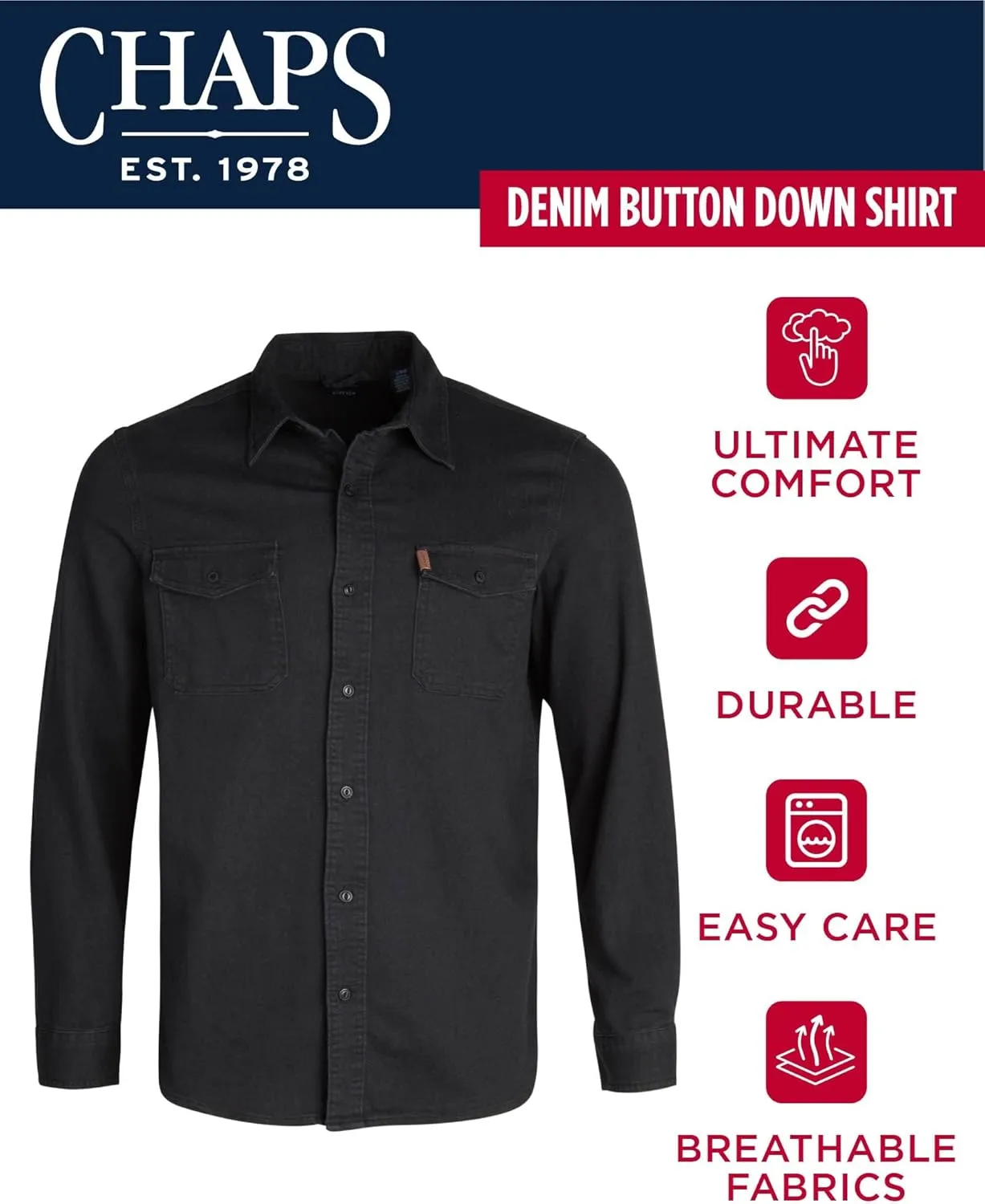 Chaps Men's Shirt - Comfort Stretch Button Down Denim Shirt - Casual Long Sleeve Collared Shirt for Men, M-XXL