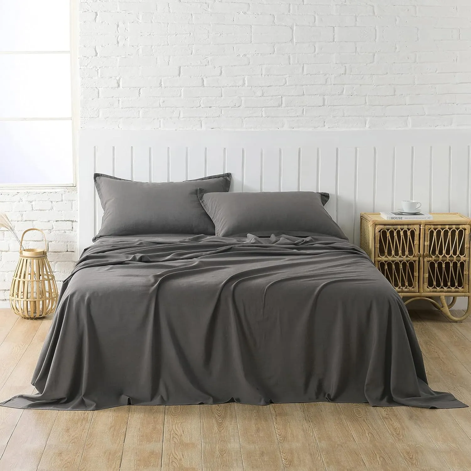 Charcoal Grey Linen-Textured Bed Sheets Set, Bamboo Rayon, Cotton, Linen Blend Bed Sheets Cal King Size, Soft Cool & Breathable for Hot Sleepers,Natural Organic Bed 15'' Deep Pocket - 4 Piece