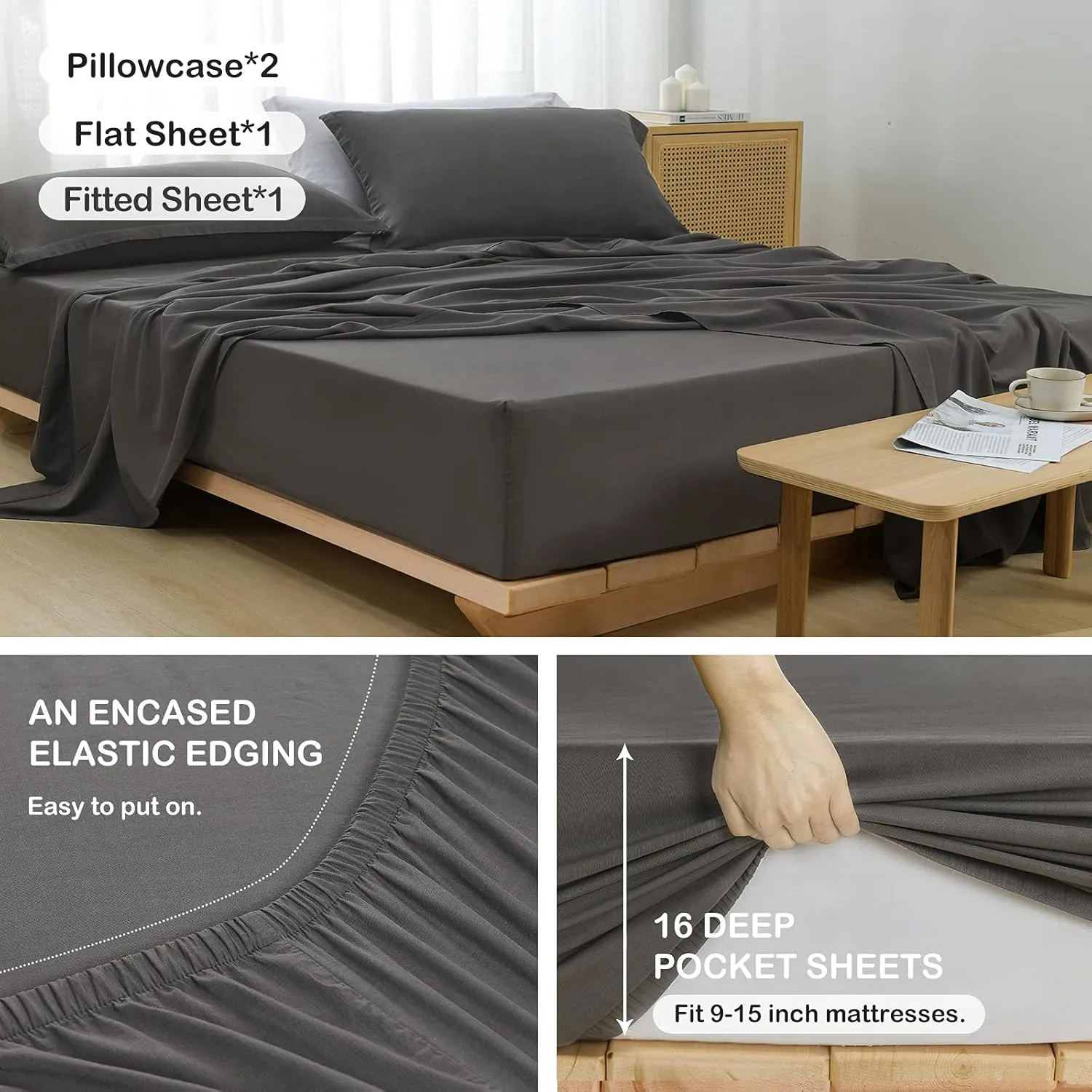 Charcoal Grey Linen-Textured Bed Sheets Set, Bamboo Rayon, Cotton, Linen Blend Bed Sheets Cal King Size, Soft Cool & Breathable for Hot Sleepers,Natural Organic Bed 15'' Deep Pocket - 4 Piece