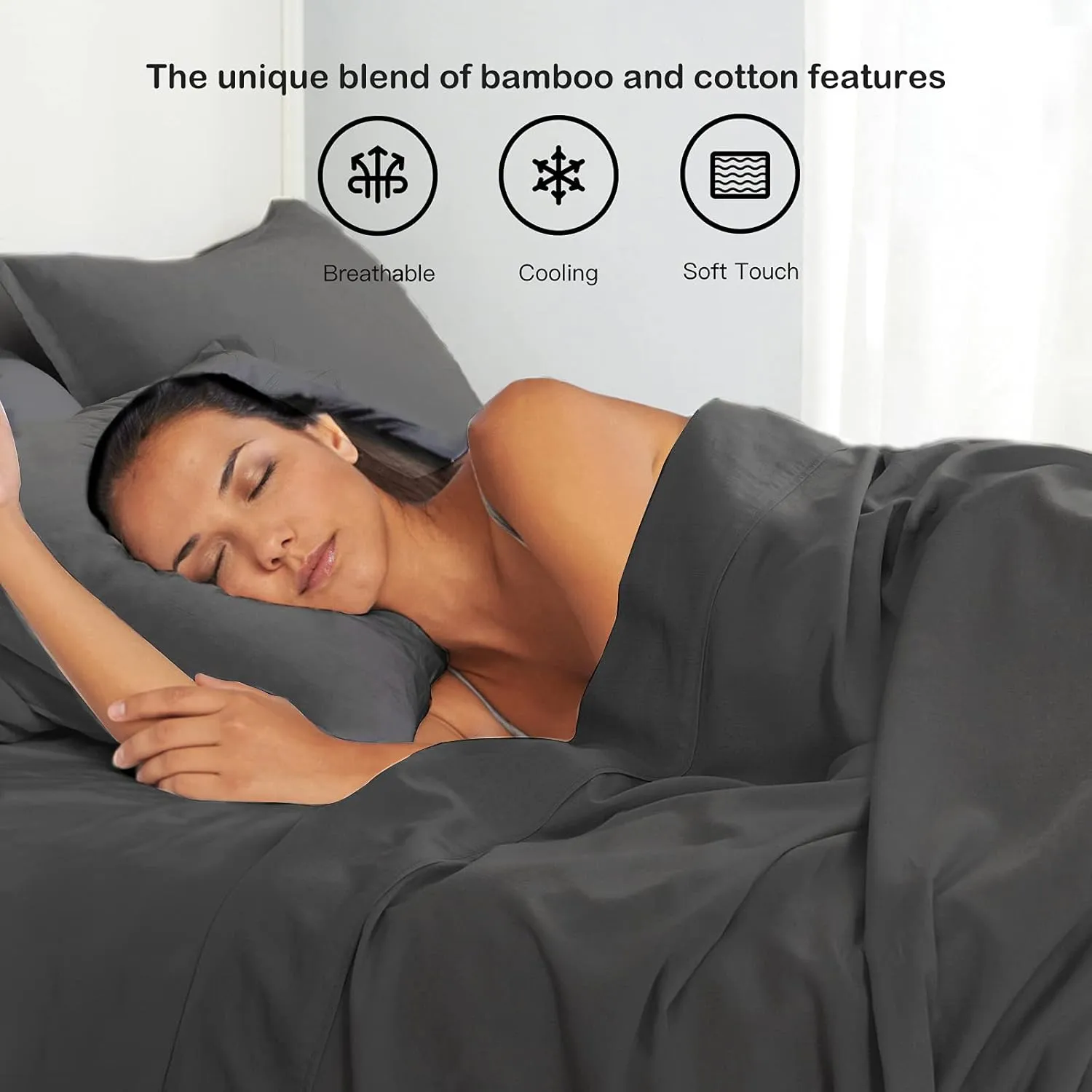 Charcoal Grey Linen-Textured Bed Sheets Set, Bamboo Rayon, Cotton, Linen Blend Bed Sheets Cal King Size, Soft Cool & Breathable for Hot Sleepers,Natural Organic Bed 15'' Deep Pocket - 4 Piece