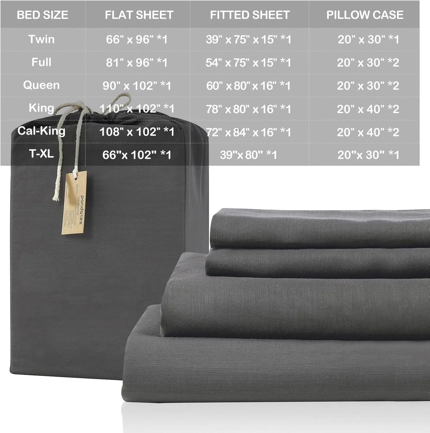 Charcoal Grey Linen-Textured Bed Sheets Set, Bamboo Rayon, Cotton, Linen Blend Bed Sheets Cal King Size, Soft Cool & Breathable for Hot Sleepers,Natural Organic Bed 15'' Deep Pocket - 4 Piece