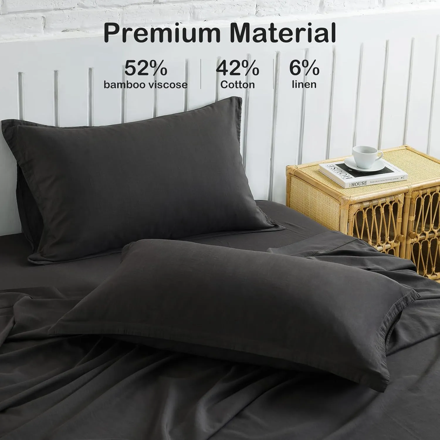 Charcoal Grey Linen-Textured Bed Sheets Set, Bamboo Rayon, Cotton, Linen Blend Bed Sheets Cal King Size, Soft Cool & Breathable for Hot Sleepers,Natural Organic Bed 15'' Deep Pocket - 4 Piece