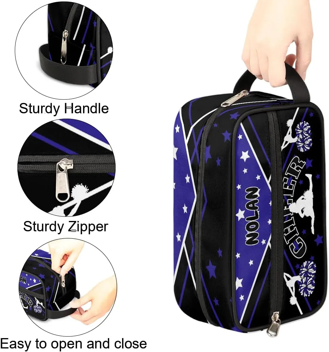 Cheer Personalized Toiletry Bag for Women Waterproof Cheerleader Cosmetic Makeup Bag Bathroom Travel Storage Bags with Handle for Cheer Team, Blue Stars