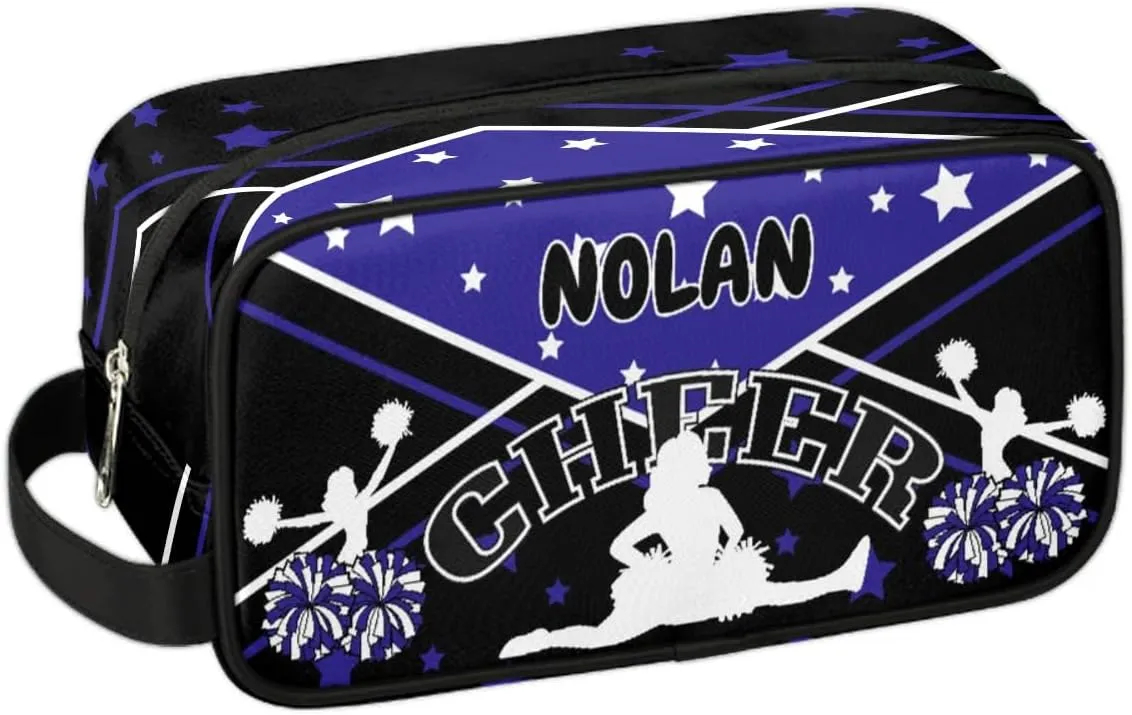 Cheer Personalized Toiletry Bag for Women Waterproof Cheerleader Cosmetic Makeup Bag Bathroom Travel Storage Bags with Handle for Cheer Team, Blue Stars