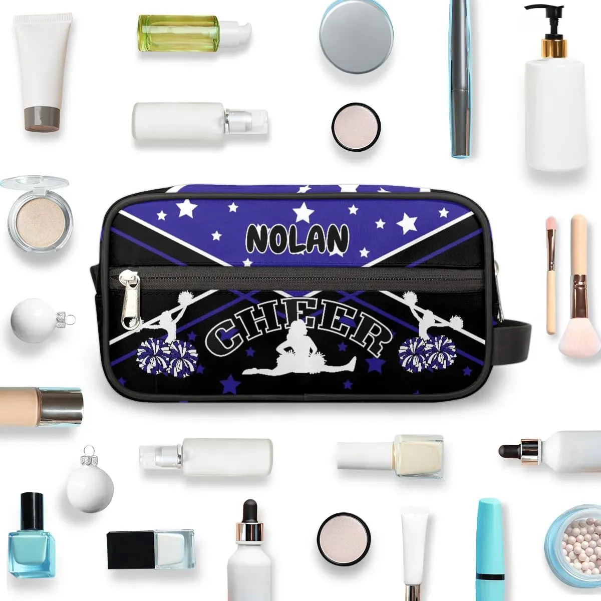 Cheer Personalized Toiletry Bag for Women Waterproof Cheerleader Cosmetic Makeup Bag Bathroom Travel Storage Bags with Handle for Cheer Team, Blue Stars