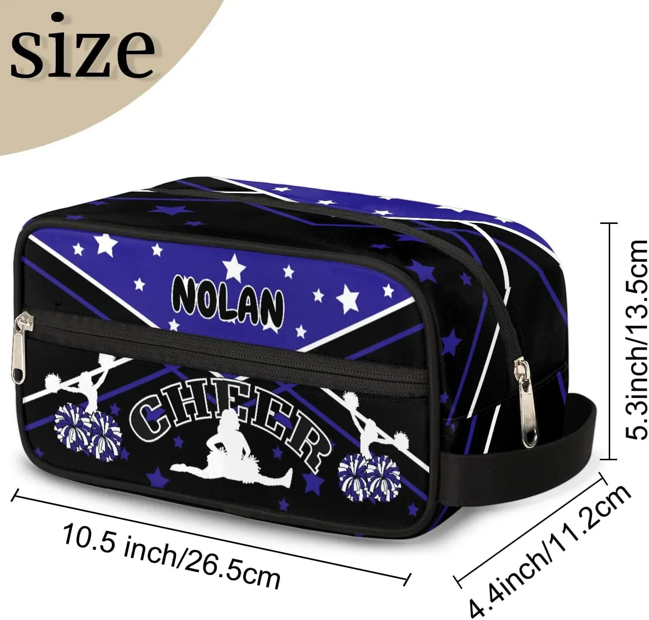 Cheer Personalized Toiletry Bag for Women Waterproof Cheerleader Cosmetic Makeup Bag Bathroom Travel Storage Bags with Handle for Cheer Team, Blue Stars