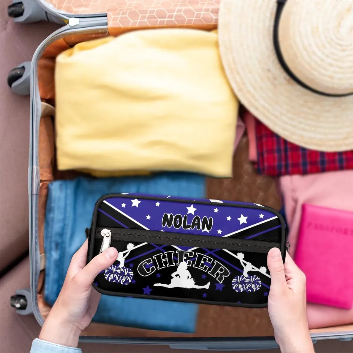 Cheer Personalized Toiletry Bag for Women Waterproof Cheerleader Cosmetic Makeup Bag Bathroom Travel Storage Bags with Handle for Cheer Team, Blue Stars