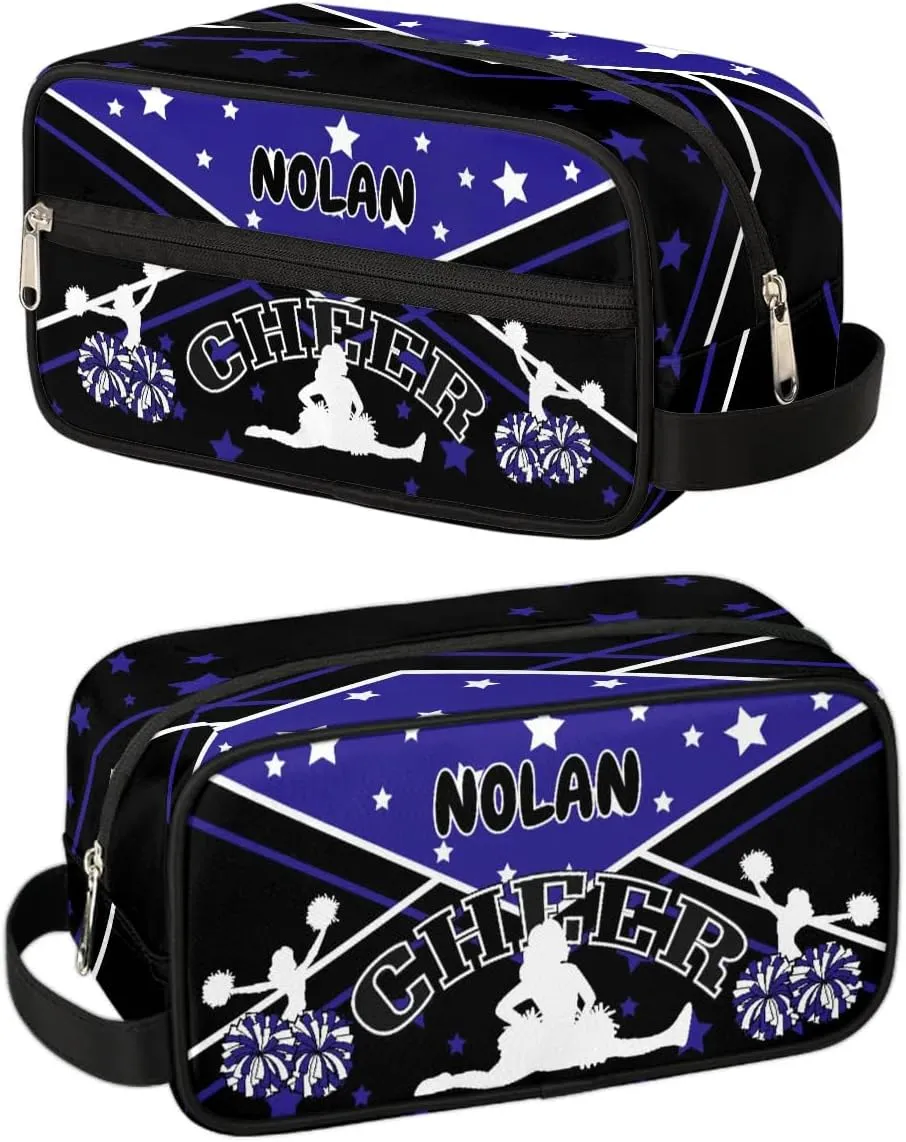Cheer Personalized Toiletry Bag for Women Waterproof Cheerleader Cosmetic Makeup Bag Bathroom Travel Storage Bags with Handle for Cheer Team, Blue Stars