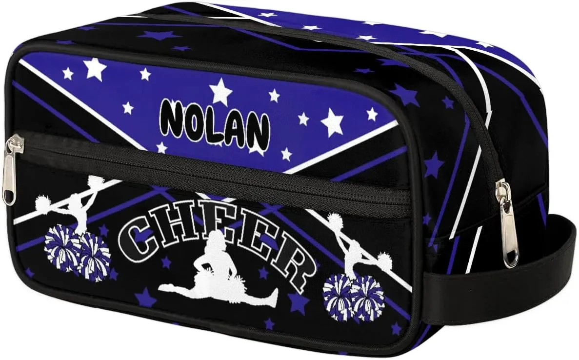Cheer Personalized Toiletry Bag for Women Waterproof Cheerleader Cosmetic Makeup Bag Bathroom Travel Storage Bags with Handle for Cheer Team, Blue Stars