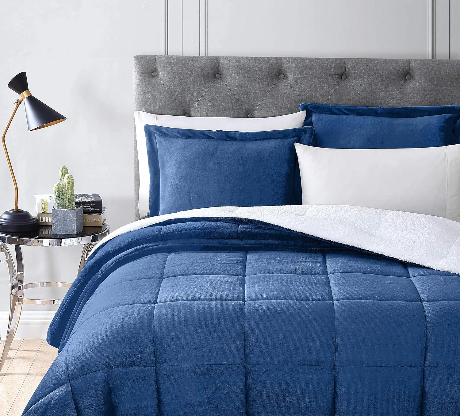 Chezmoi Collection 3-Piece Micromink Sherpa Reversible Down Alternative Comforter Set (King, Navy)