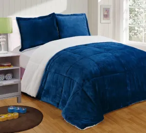 Chezmoi Collection 3-Piece Micromink Sherpa Reversible Down Alternative Comforter Set (King, Navy)
