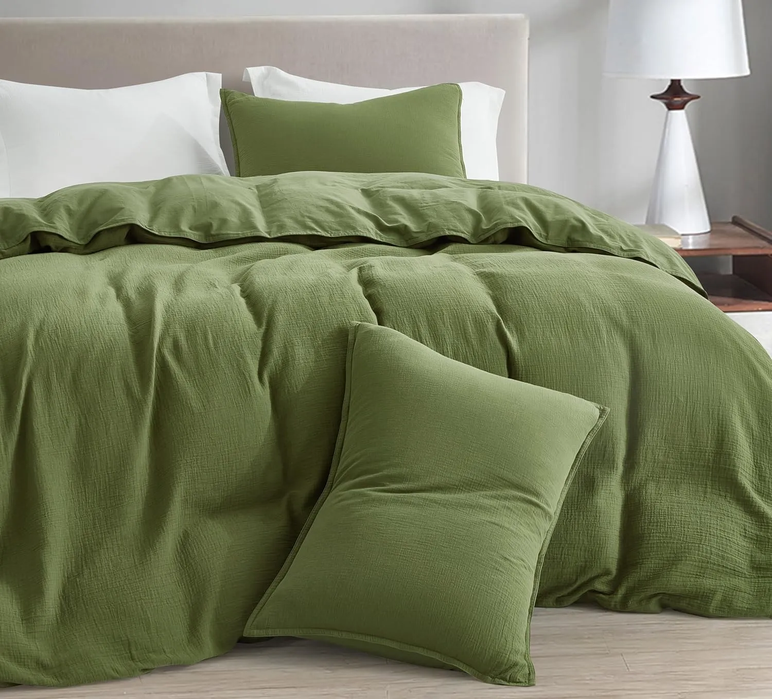 Chezmoi Collection Breeze 3-Piece Cotton Gauze Queen Duvet Cover Set, Olive Green Soft Washed Cotton Linen Like Textured Breathable Comforter Cover with Button Closure