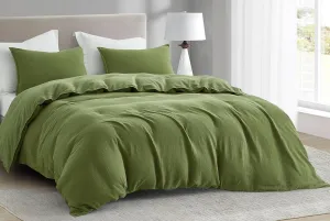 Chezmoi Collection Breeze 3-Piece Cotton Gauze Queen Duvet Cover Set, Olive Green Soft Washed Cotton Linen Like Textured Breathable Comforter Cover with Button Closure