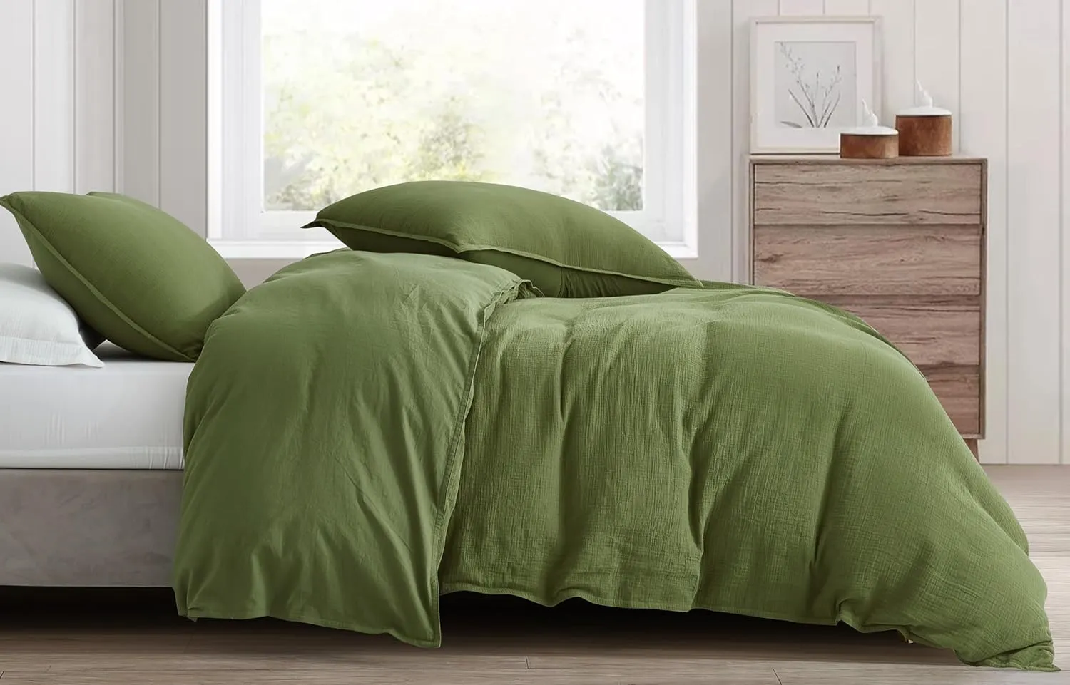 Chezmoi Collection Breeze 3-Piece Cotton Gauze Queen Duvet Cover Set, Olive Green Soft Washed Cotton Linen Like Textured Breathable Comforter Cover with Button Closure