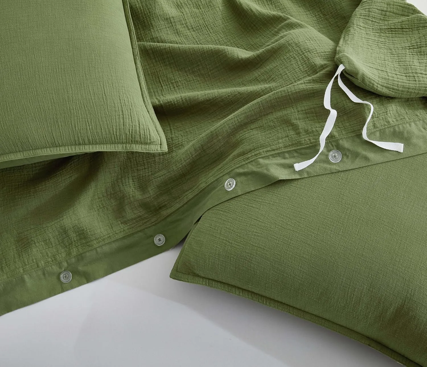 Chezmoi Collection Breeze 3-Piece Cotton Gauze Queen Duvet Cover Set, Olive Green Soft Washed Cotton Linen Like Textured Breathable Comforter Cover with Button Closure
