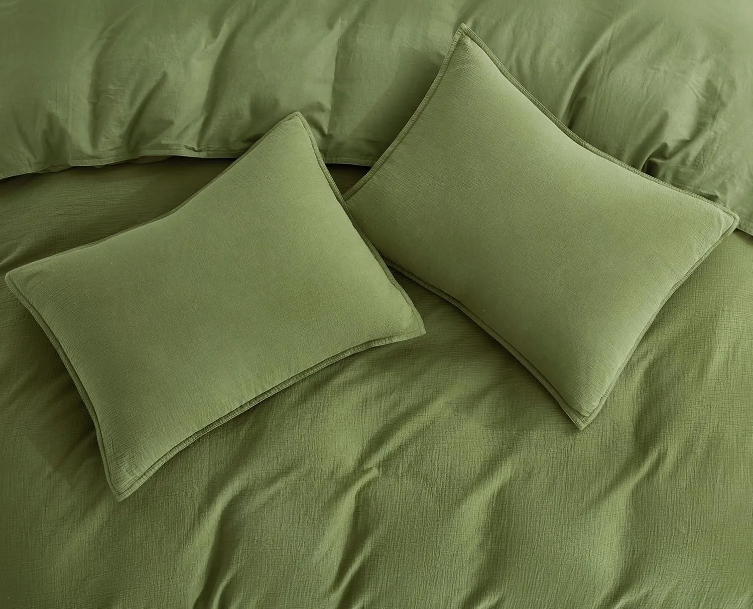 Chezmoi Collection Breeze 3-Piece Cotton Gauze Queen Duvet Cover Set, Olive Green Soft Washed Cotton Linen Like Textured Breathable Comforter Cover with Button Closure