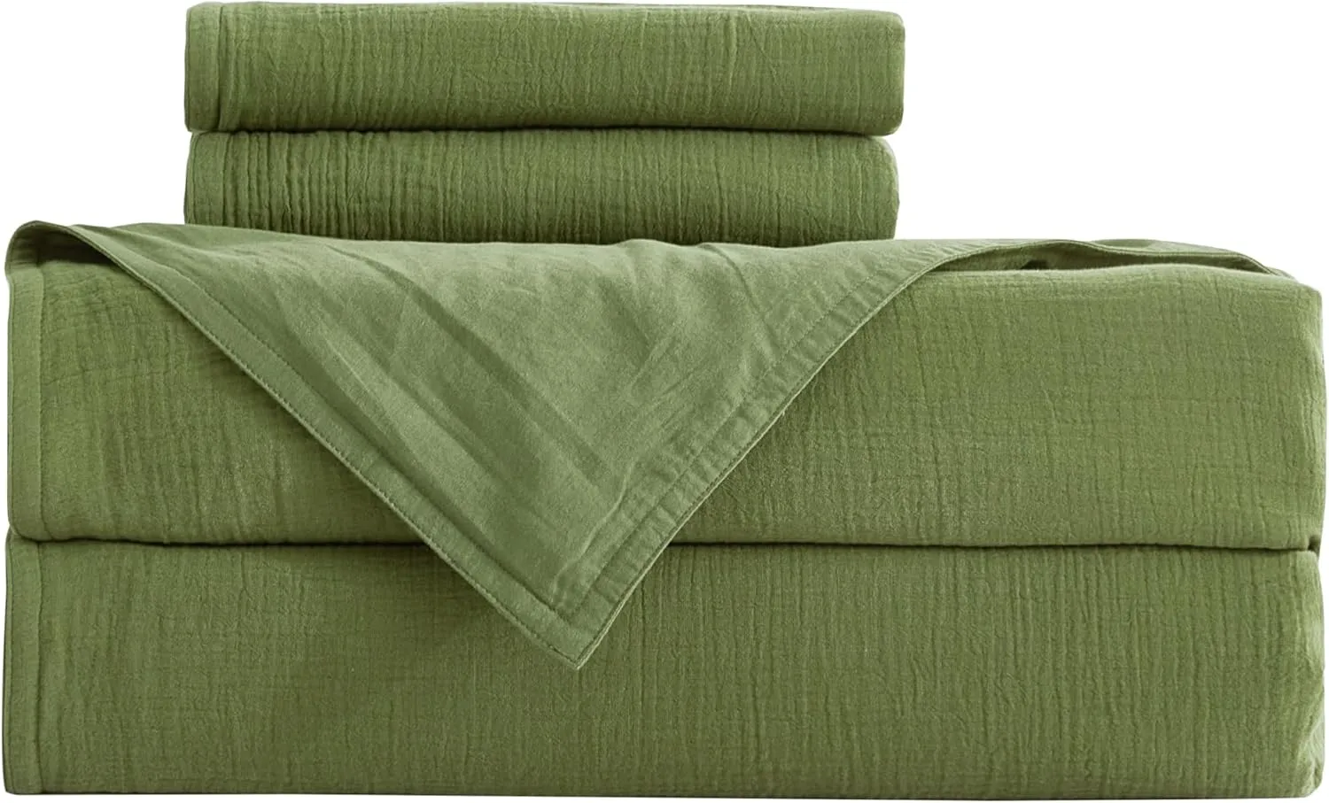 Chezmoi Collection Breeze 3-Piece Cotton Gauze Queen Duvet Cover Set, Olive Green Soft Washed Cotton Linen Like Textured Breathable Comforter Cover with Button Closure