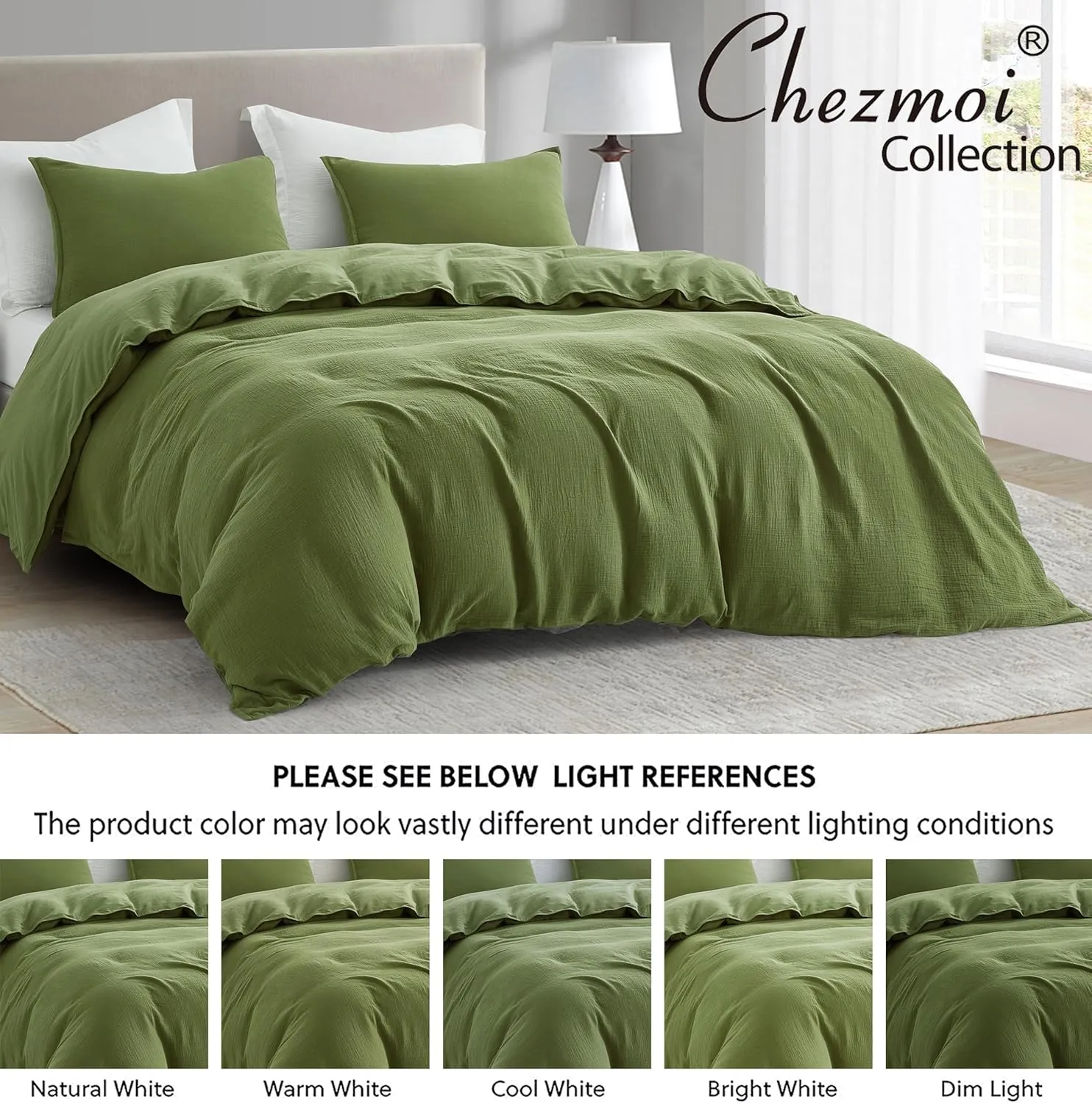 Chezmoi Collection Breeze 3-Piece Cotton Gauze Queen Duvet Cover Set, Olive Green Soft Washed Cotton Linen Like Textured Breathable Comforter Cover with Button Closure