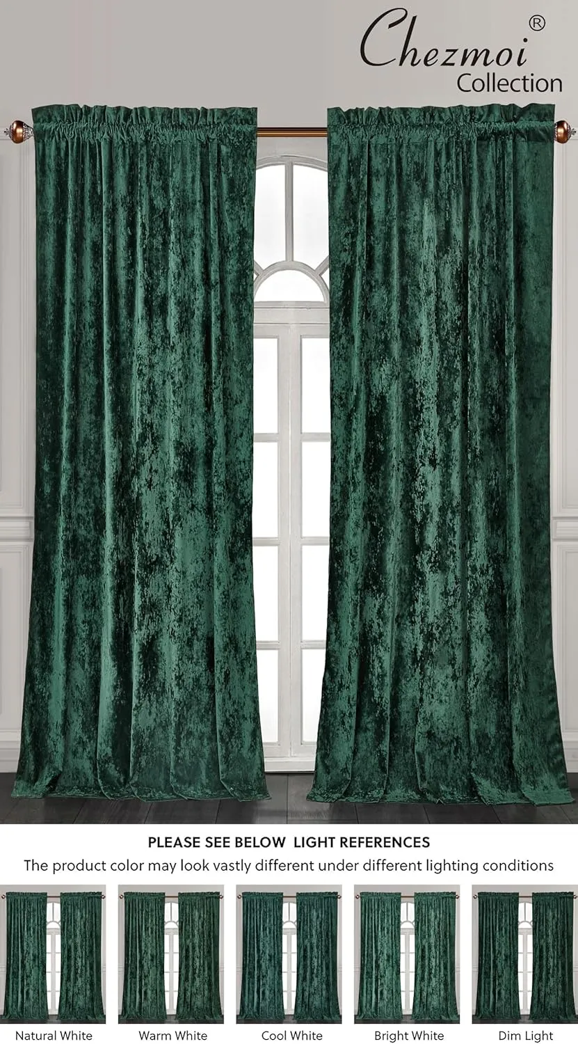 Chezmoi Collection Lux Forest Green Crushed Velvet Curtains 2 Panel Set - 72 inches Long Room Darkening Luxury Distressed Velvet Rod Pocket Window Drapes for Living Room Bedroom 50" W x 72" L